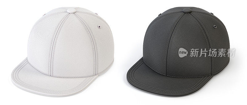 白色和黑色snap back模拟，空白帽子模板，隔离在白色背景上。